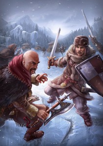 Ein Norbarde und ein Gardist kämpfen auf einem Eissee
